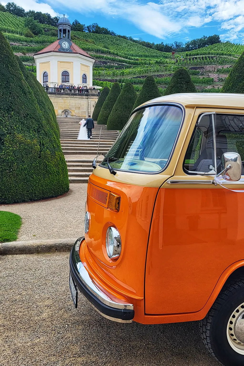 Orange-cremefarbener VW Bulli mit Chauffeur-Service vor barocker Kulisse in den Weinbergen Radebeul bei Dresden – stilvoll für Hochzeit und Event.