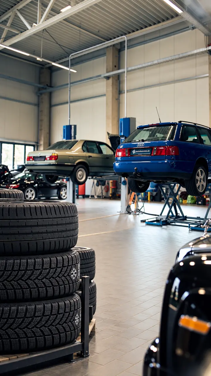 Reifenservice in der extrabesonders garage in Pirna Gestapelte Reifen in der Werkstatthalle der extrabesonders garage in Pirna, dahinter Fahrzeuge auf Hebebühnen